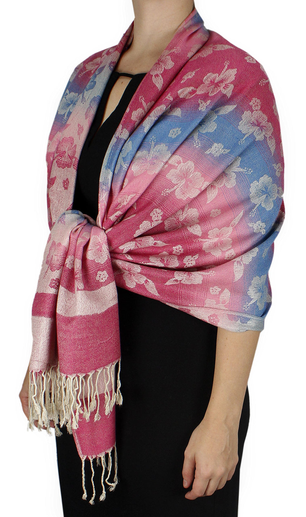 Tropical Hawaiian pansy pashmina shawl scarf in silky pink and cream with a floral pattern and fringed ends.