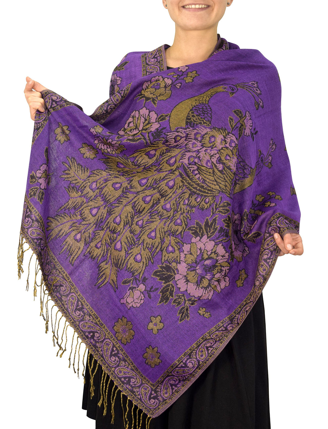 Peach Couture Floral Peacock Reversible Shimmer Layered Pashmina Wrap Shawl Scarf Purple