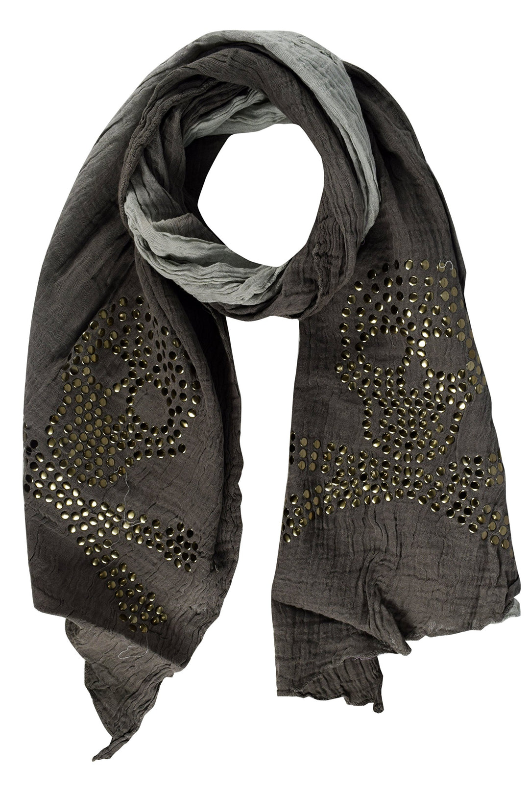 Peach Couture Womens Vintage Cotton Crinkled Ombrè Skull Studded Scarf Shawl Grey