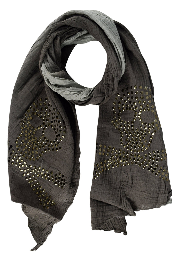 Peach Couture Womens Vintage Cotton Crinkled Ombrè Skull Studded Scarf Shawl Grey