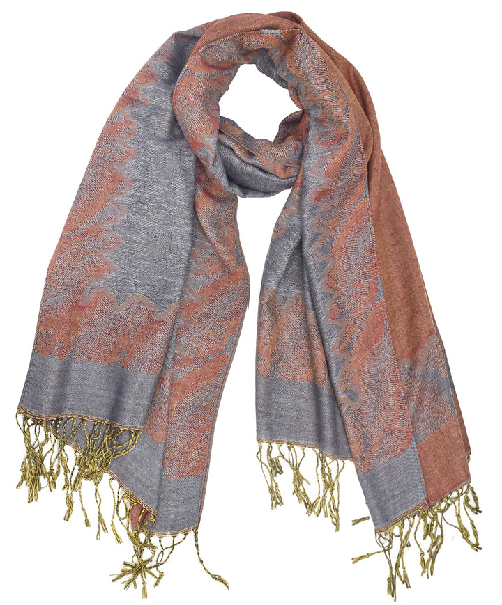 Ravishing reversible jacquard paisley shawl wrap pashmina in grey and rust.
