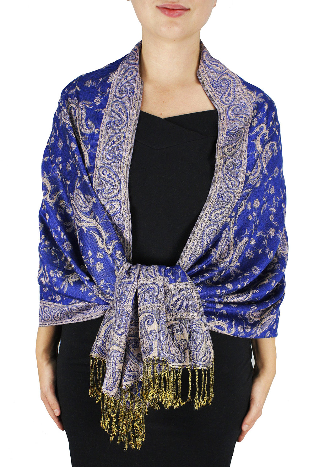 Elegant double layer reversible paisley pashmina shawl wrap scarf in royal blue with intricate patterns and fringed ends.