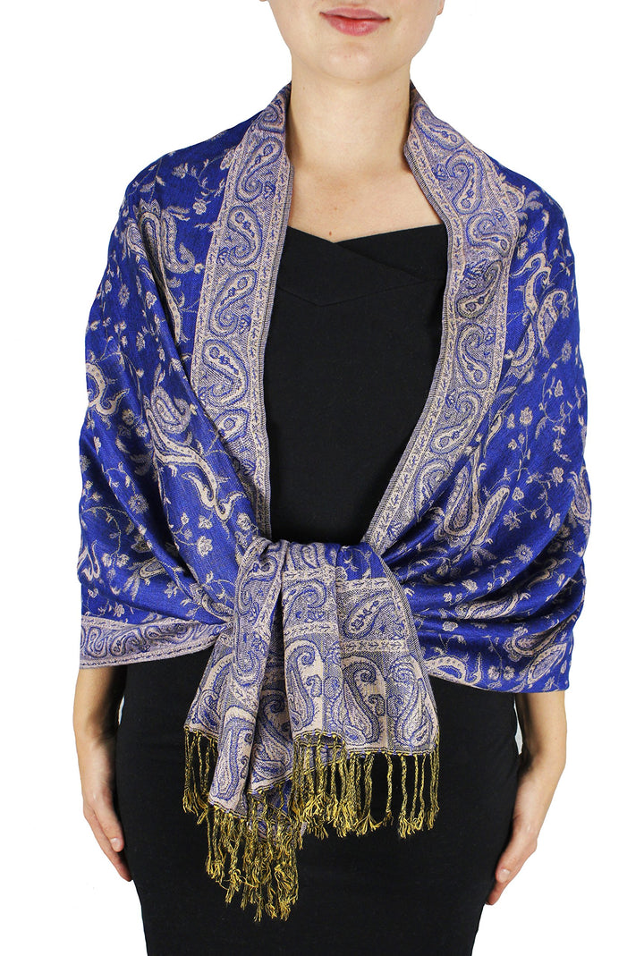 Elegant double layer reversible paisley pashmina shawl wrap scarf in royal blue with intricate patterns and fringed ends.