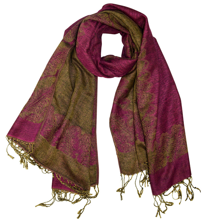 Elegant fuchsia and tan reversible jacquard paisley pashmina shawl wrap with fringe.