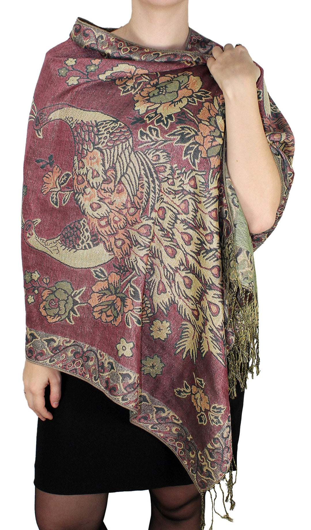 Peach Couture Floral Peacock Reversible Shimmer Layered Pashmina Wrap Shawl Scarf Pink