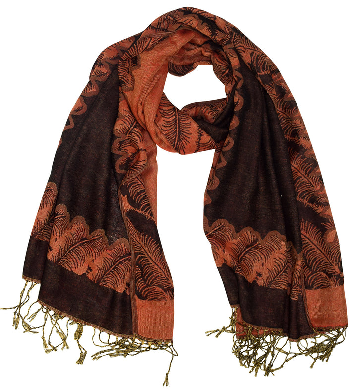 Elegant reversible jacquard pashmina shawl with a traditional paisley pattern in black and orange.