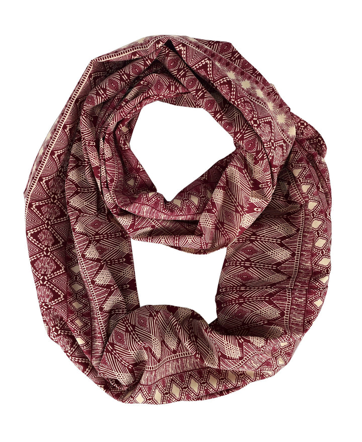 Vintage maroon and white tribal bohemian design infinity loop scarf for women.