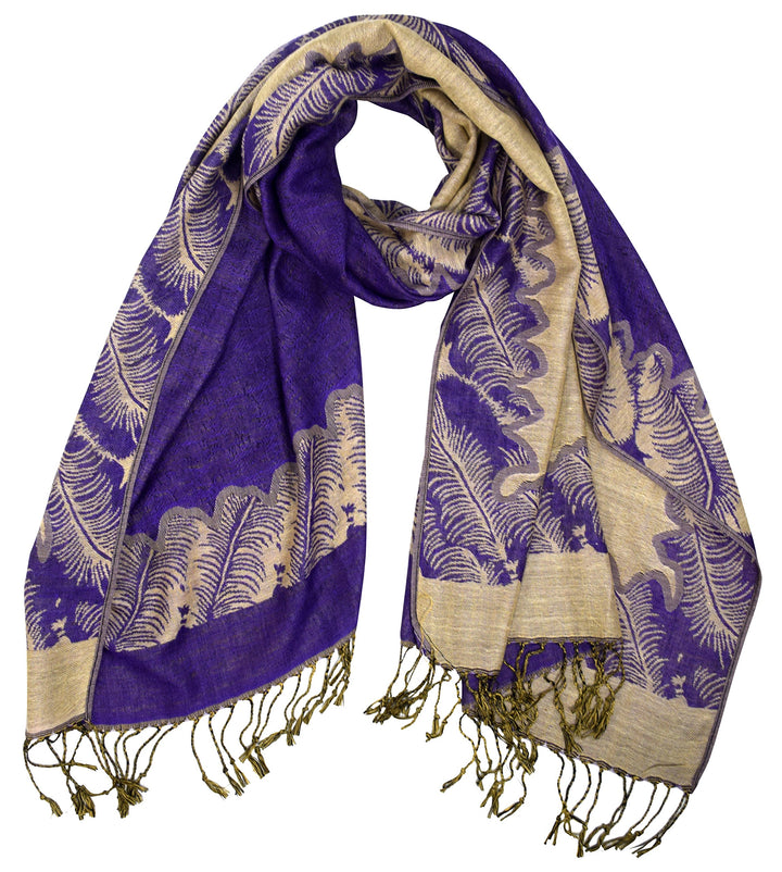 Luxurious purple and tan reversible jacquard pashmina shawl featuring an intricate paisley pattern and elegant fringe trim.