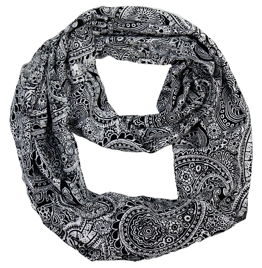 Colorful Victorian Damask Lightweight Infinity Loop Scarf (Black and White)