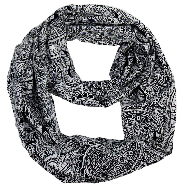 Colorful Victorian Damask Lightweight Infinity Loop Scarf (Black and White)