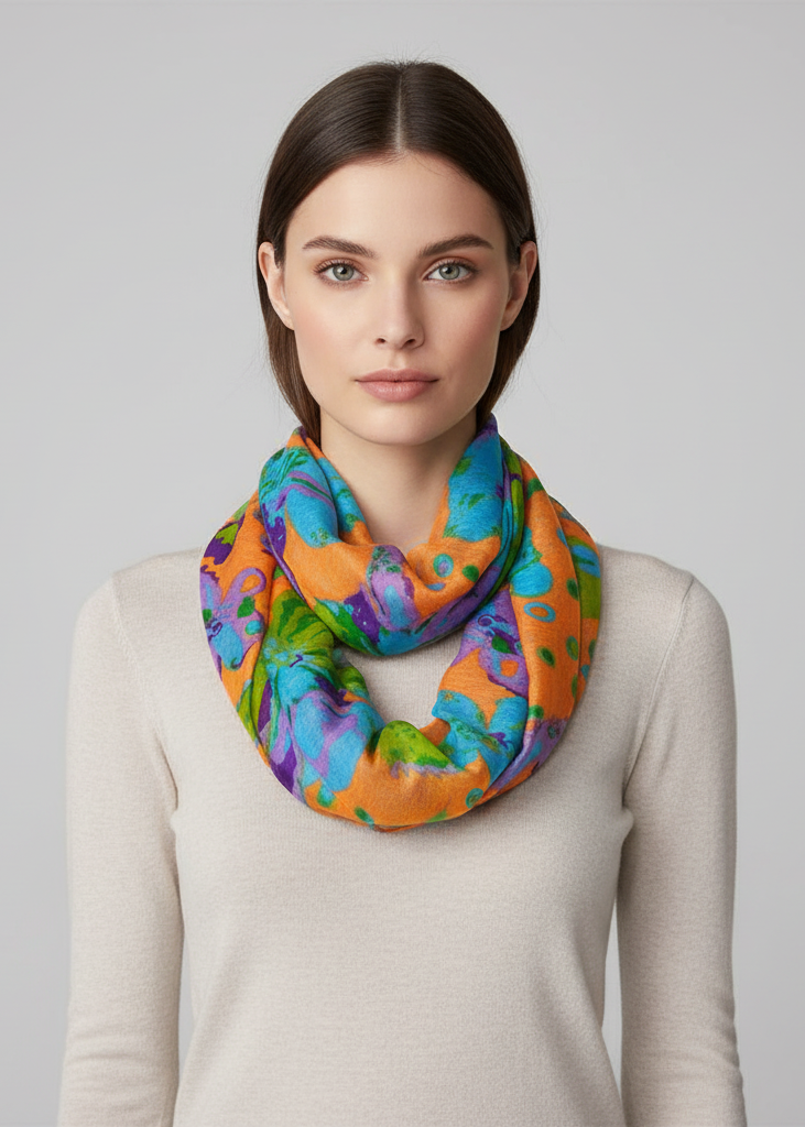 Abstract colorful tropical hibiscus flower infinity loop scarf in orange for summer fashion.