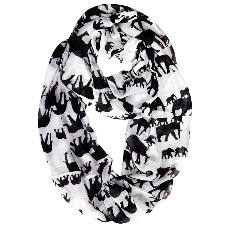 White/Black Peach Couture Trendy Lightweight Animal Print Artsy Elephant Wrap Scarf Shawl