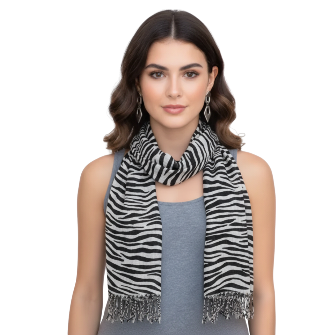 Zebra Animal Print Frayed Pashmina Shawl