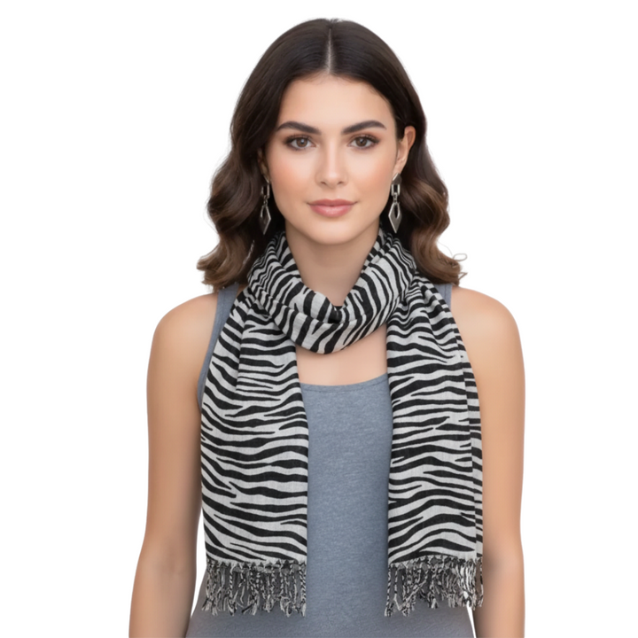 Zebra Animal Print Frayed Pashmina Shawl
