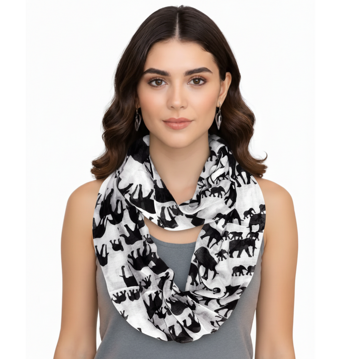 White/Black Peach Couture Trendy Lightweight Animal Print Artsy Elephant Wrap Scarf Shawl