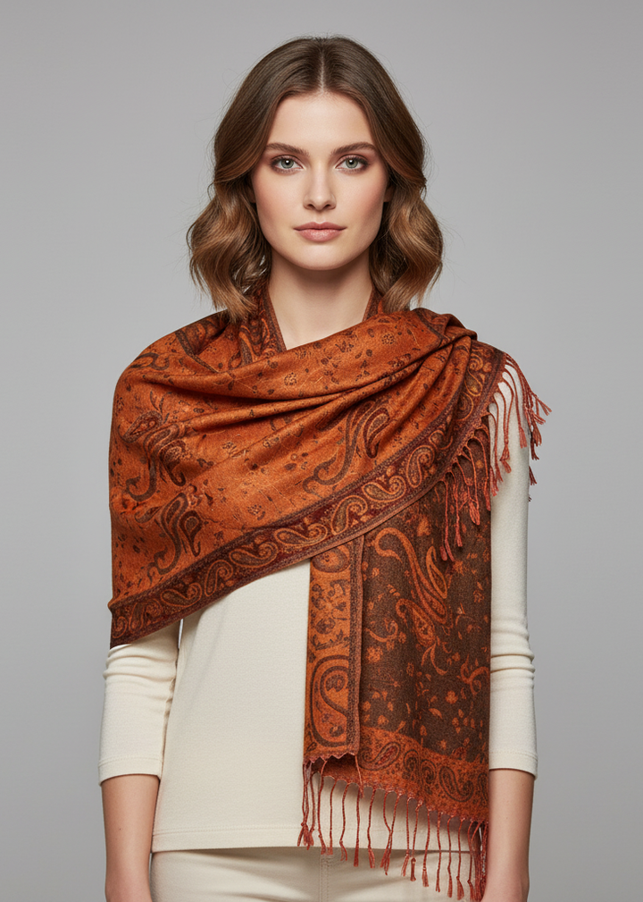 Elegant double-layer reversible pashmina shawl featuring an intricate apricot and peach paisley pattern with fringed edges.