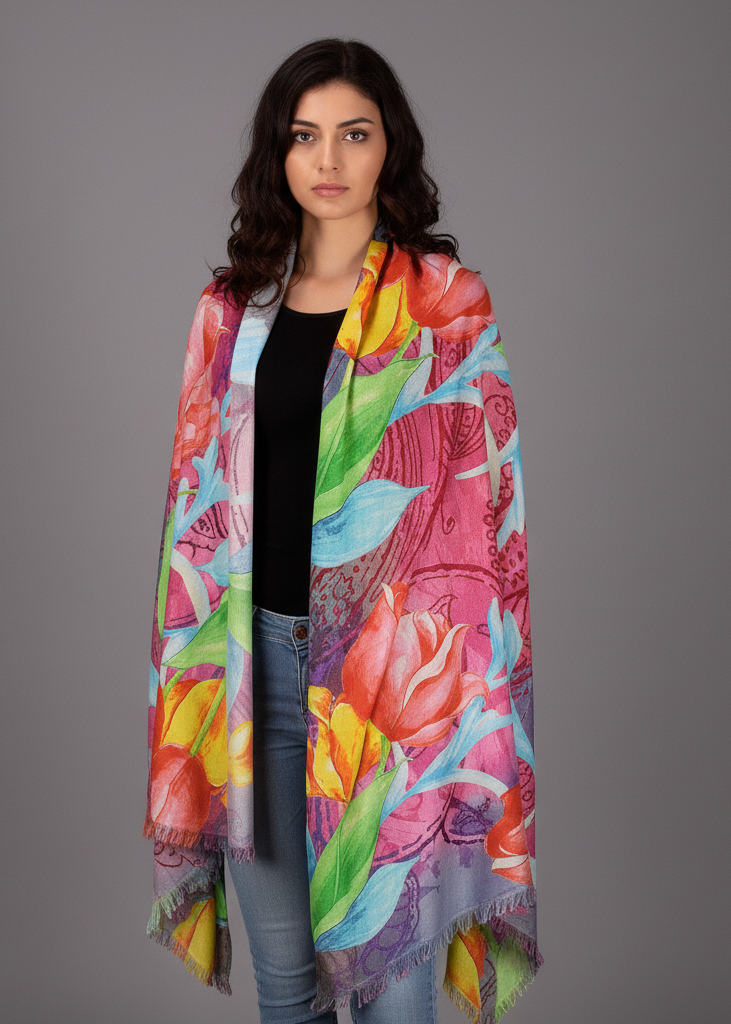 Sheer floral embroidered burnout scarf with a paisley pattern and fringe edges