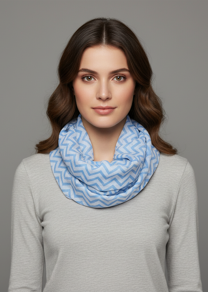 Baby blue chevron zig zag pattern chic lightweight sheer infinity loop scarf for women.