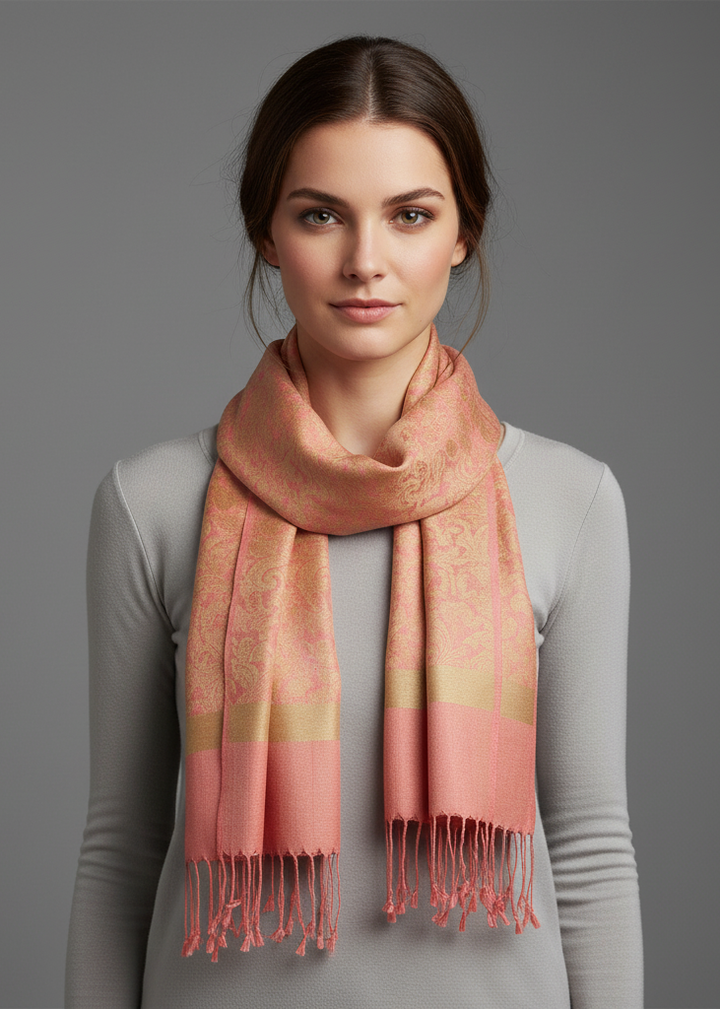 Vintage jacquard paisley pashmina shawl wrap in baby green and pink.