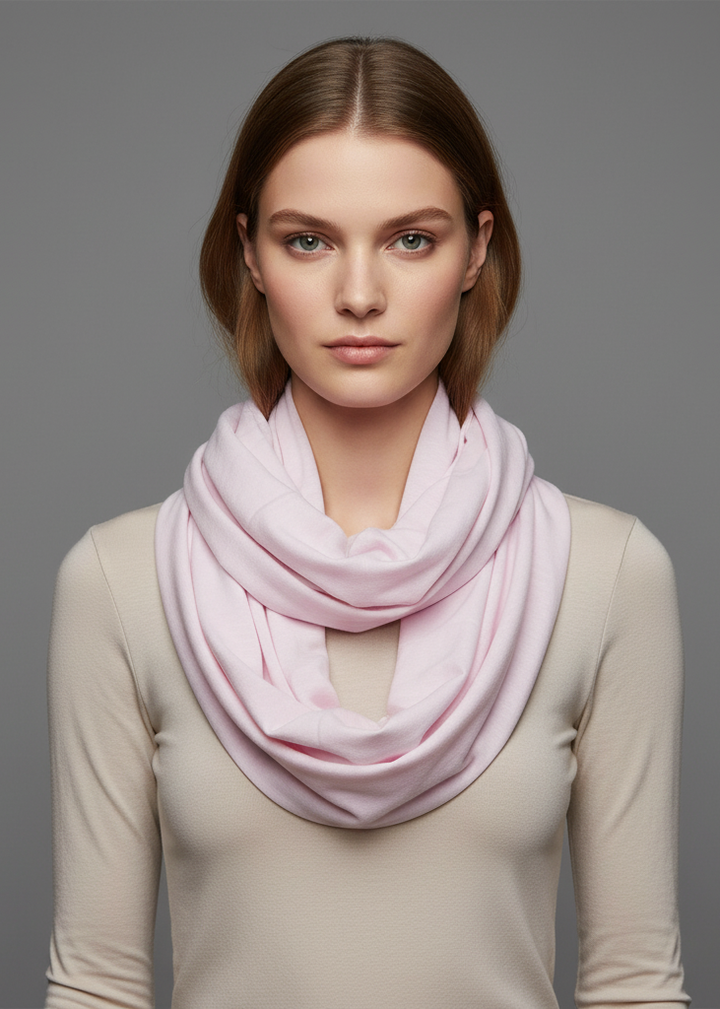 Baby pink all seasons jersey woven cotton infinity loop scarf for stylish year round layering.