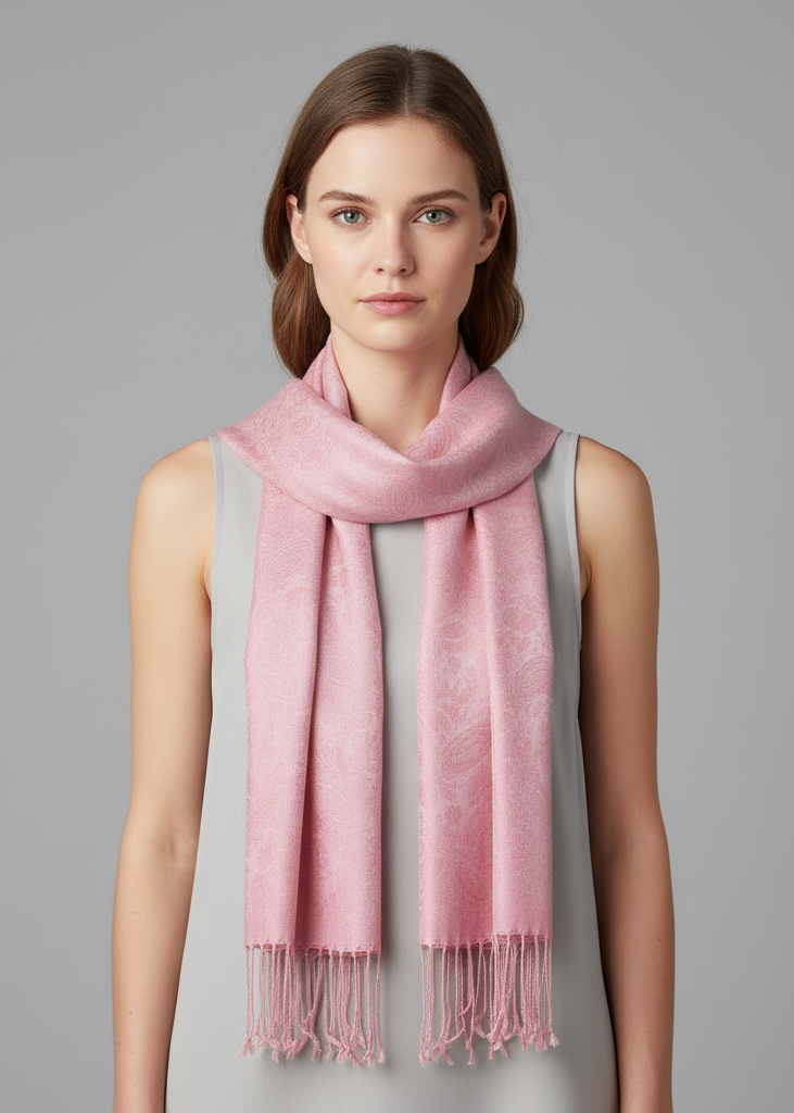 Elegant baby pink and peach vintage solid jacquard paisley scarf shawl wrap for women.