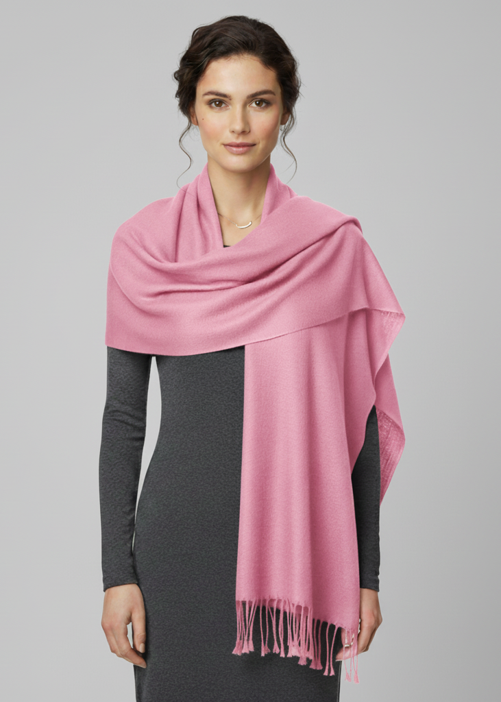 Elegant baby pink pure pashmina wool shawl featuring a soft texture and delicate drape