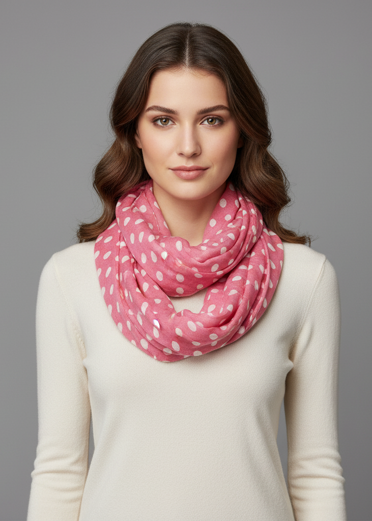 Light and sheer baby pink and ivory peach infinity loop scarf with a polka dot circle print.