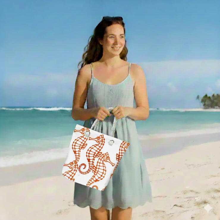 Seahorse Design Cotton Canvas Beach Tote