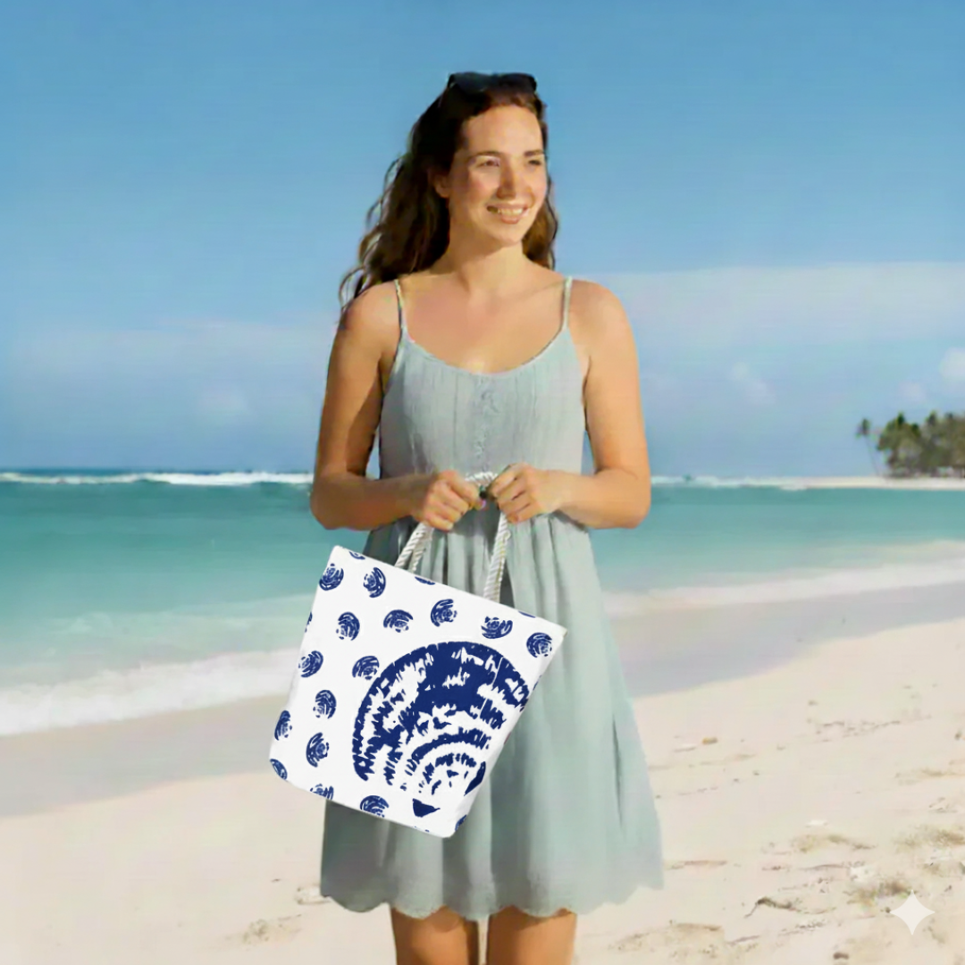 Seashells Print Cotton Canvas Beach Tote