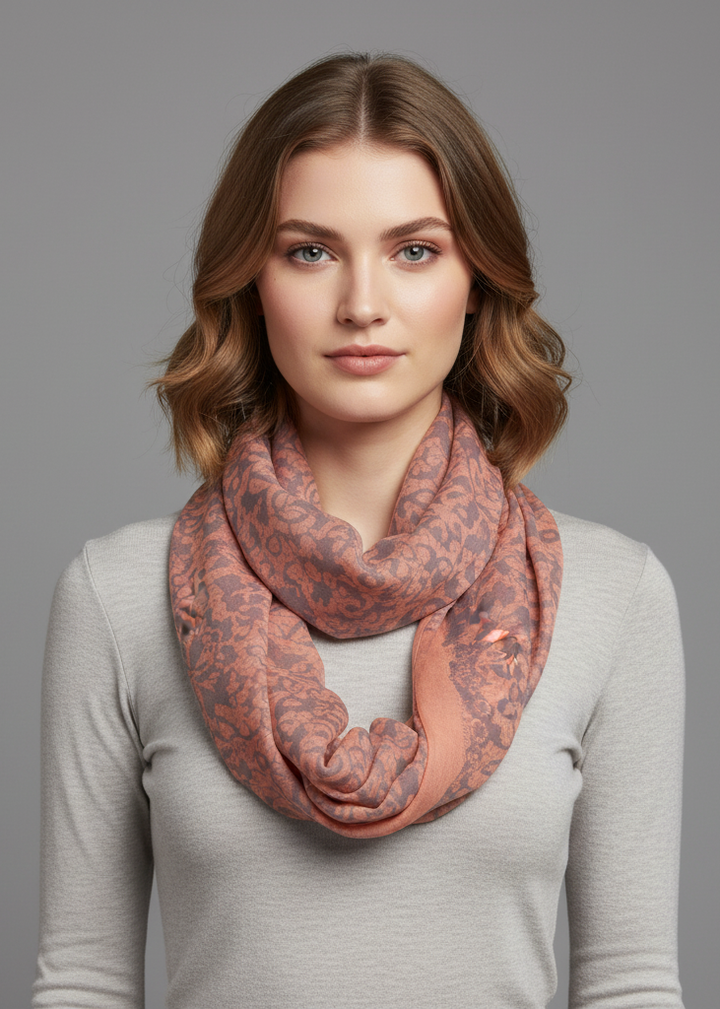 Pink and grey tropical Hawaiian hibiscus flower print infinity loop scarf with floral lace design.