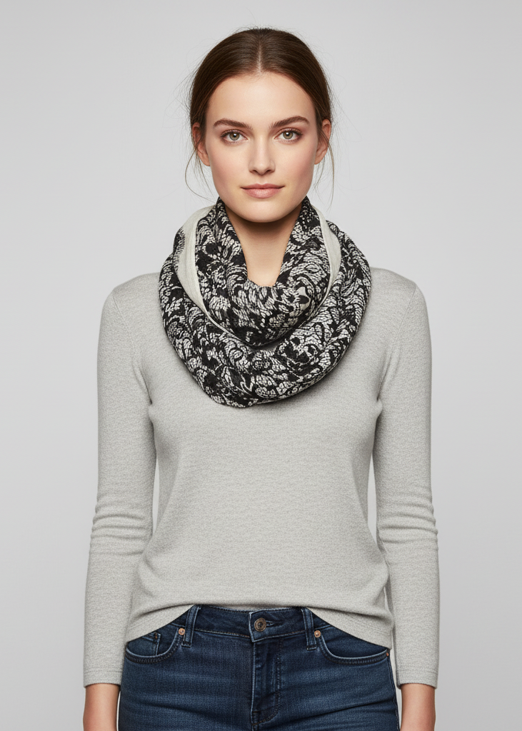Tropical Hawaiian hibiscus flower and lace design infinity loop scarf in black and white.