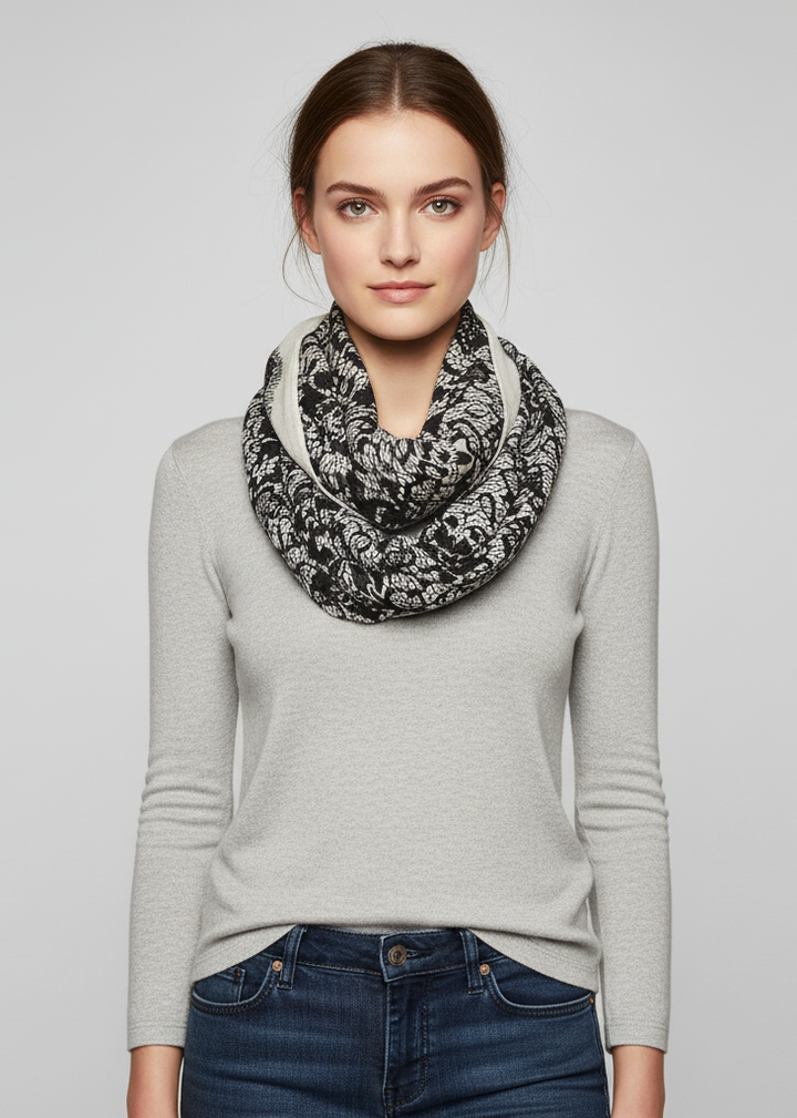 Tropical Hawaiian hibiscus flower and lace design infinity loop scarf in black and white.