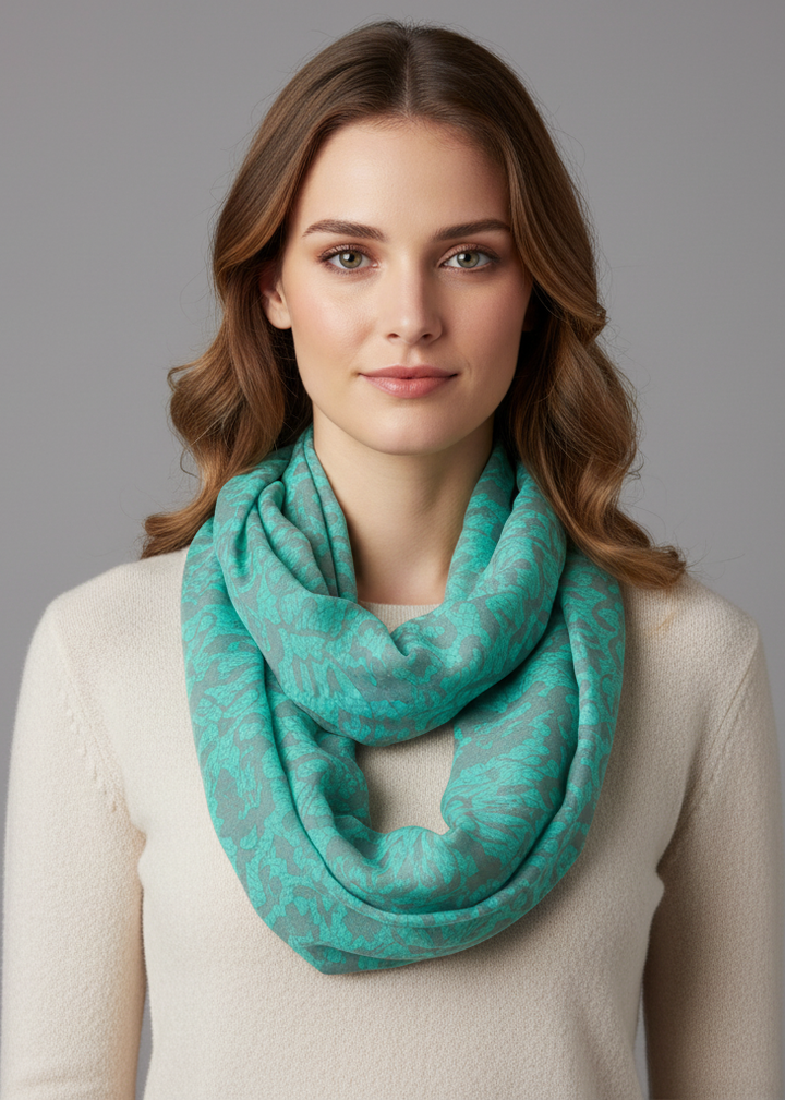 Tropical Hawaiian hibiscus flower and lace design infinity loop scarf in sea green and grey.