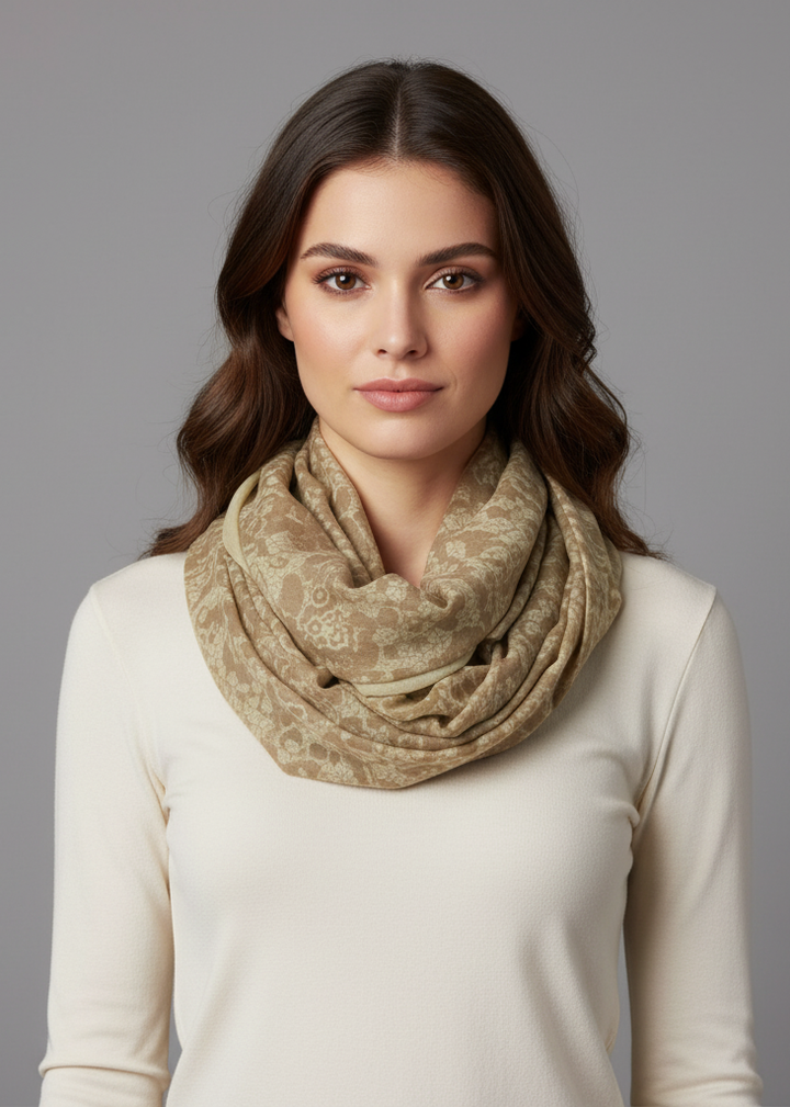 Tropical Hawaiian hibiscus flower and lace design infinity loop scarf in tan and brown.