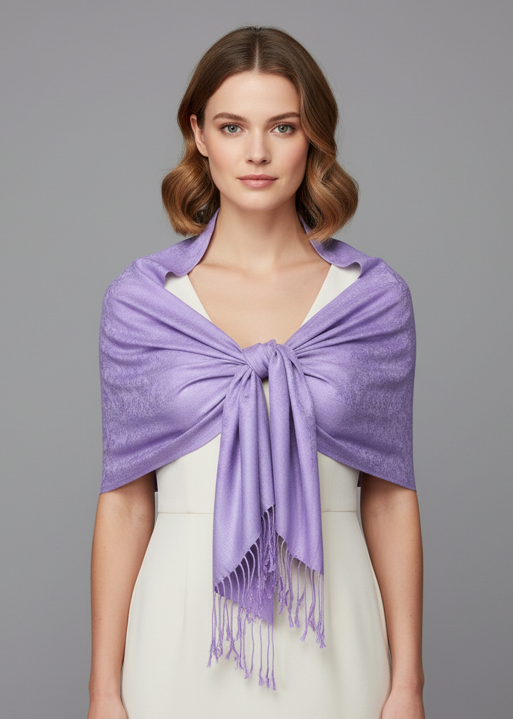 Elegant berry and light purple vintage two-color jacquard paisley pashmina shawl wrap.