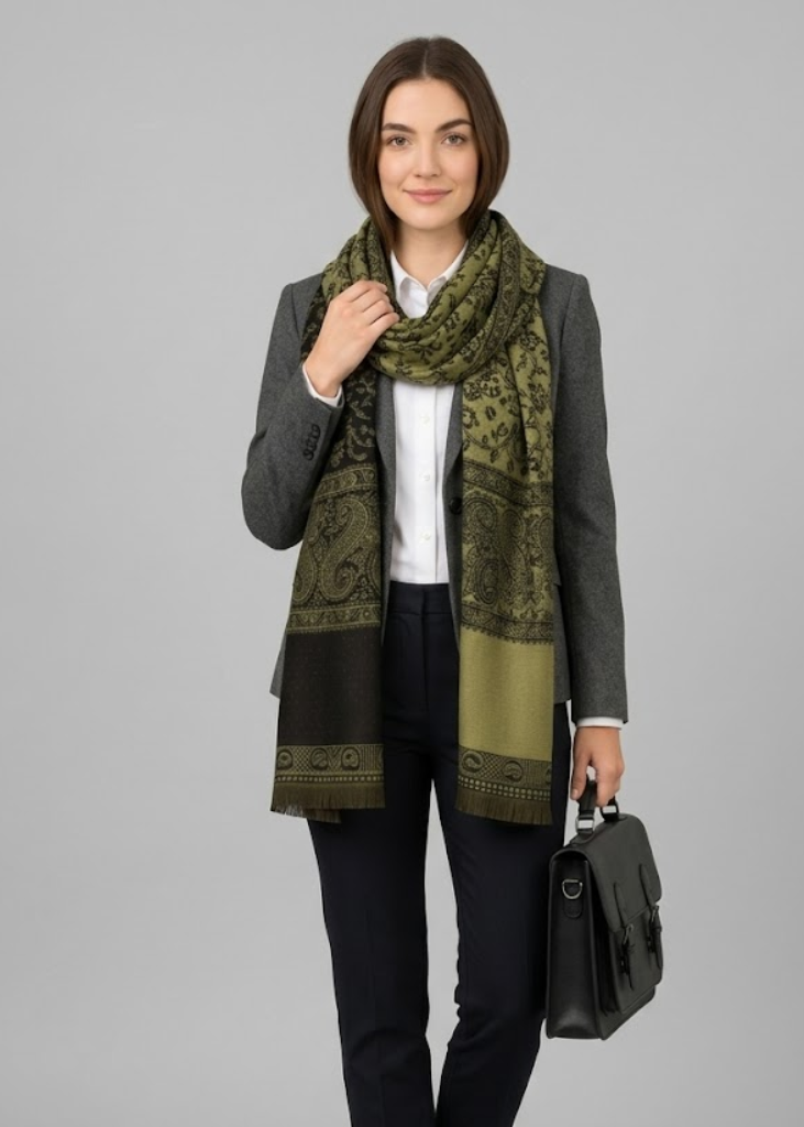 Black-Olive Thick 4 Ply Reversible Paisley Pashmina Throw Scarf Wrap Shawl