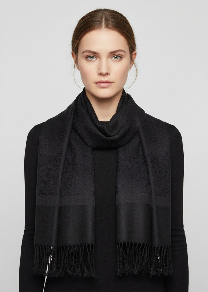 Elegant vintage solid jacquard paisley scarf shawl wrap in black.