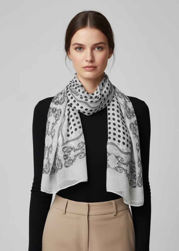 Black polka dot scarf made from a cotton blend fabric.