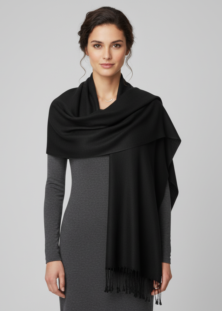 Handwoven pure black pashmina wool shawl featuring intricate hand-embroidered floral patterns and traditional Kashmiri craftsmanship