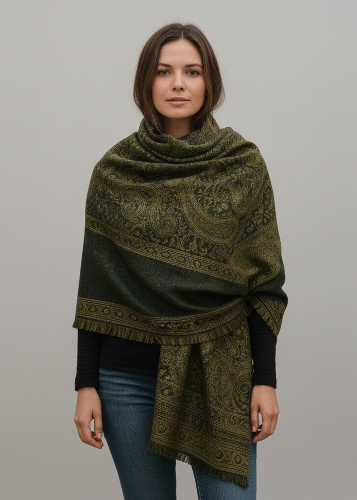 Black and olive reversible paisley pashmina shawl with thick 4-ply weave.