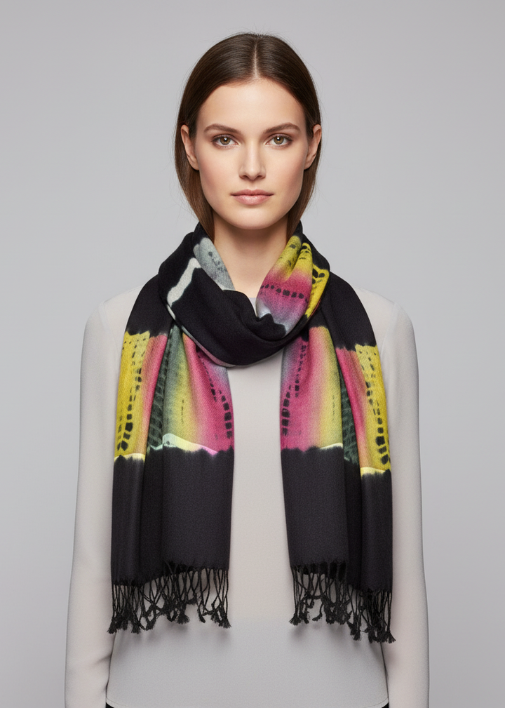 Black and rainbow tie-dye pashmina shawl with fringe trim