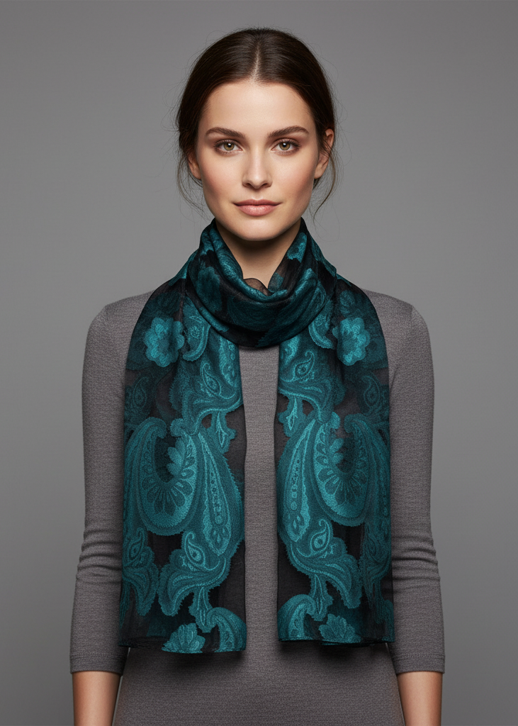 Black and teal sheer burnout scarf with embroidered paisley pattern and fringe edges