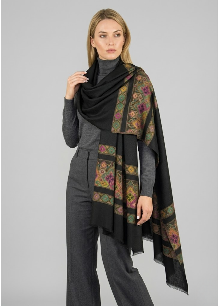 Black and peach silky fringe scarf featuring a tribal paisley print