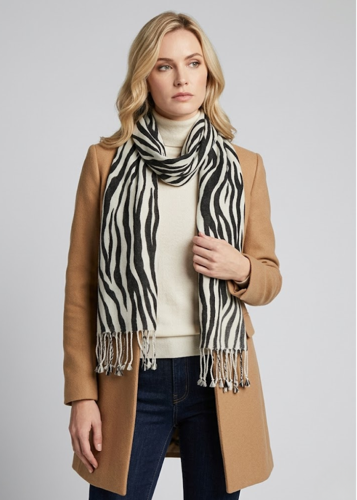 Elegant woman styling a zebra print pashmina shawl in a studio setting, showcasing luxury winter accessories.