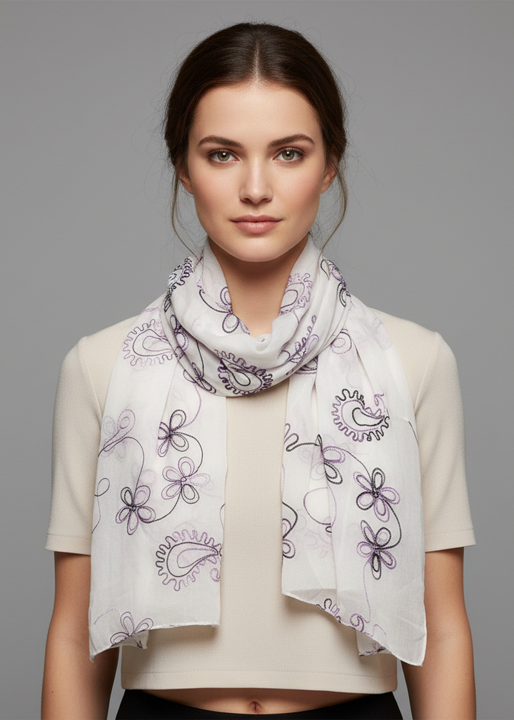 Sheer lightweight summer scarf featuring delicate floral blossom embroidery and translucent fabric finish