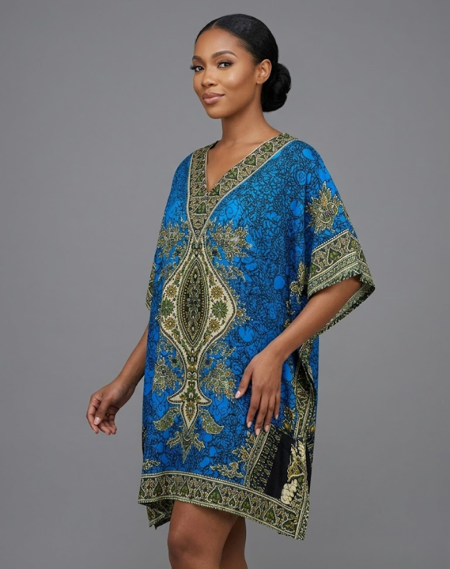 Woman modeling a vibrant royal blue dashiki-print kaftan tunic with intricate green and gold ornate patterns, featuring a V-neckline and wide sleeves against a solid grey studio background.