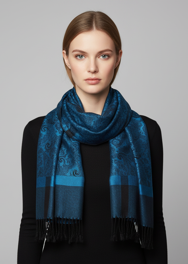 Elegant vintage jacquard paisley shawl wrap scarf in blue and black.