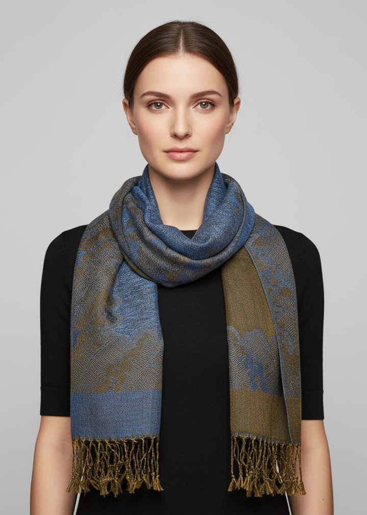 Elegant reversible jacquard paisley shawl wrap pashmina in blue, olive, and peach.