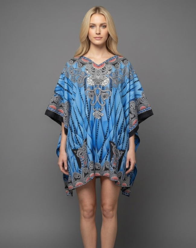 Woman wearing a bright electric blue kaftan tunic with a geometric abstract pattern and ornate silver-grey medallion details. The short, one-size V-neck dress is shown against a solid grey background, perfect for resort and summer fashion.