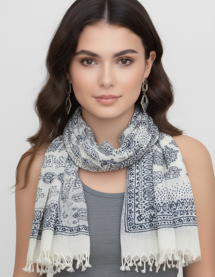 Blue Henna Paisley Fringe Scarf